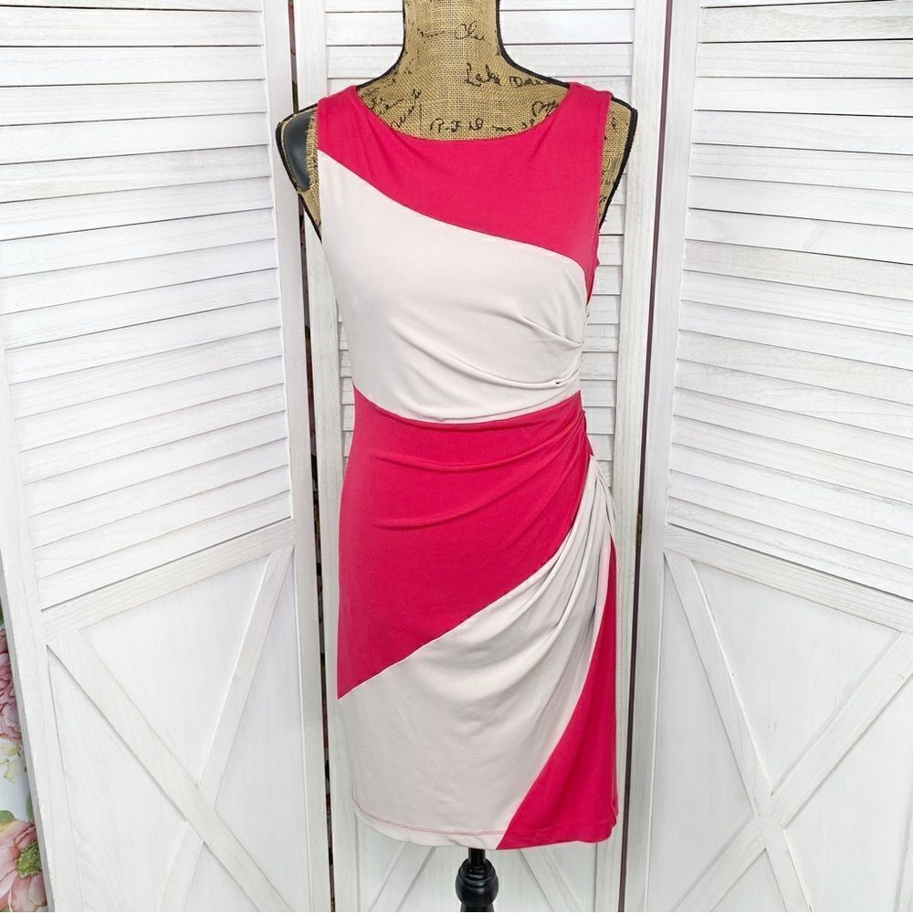 Muse Color Block Ruched Sleeveless Sheath‎ Dress Beige Pink 4 Office Career Y2K